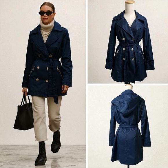272 Karl Lagerfeld ParisNWOT Navy Hooded Double-Breasted Trench Coat (size M)